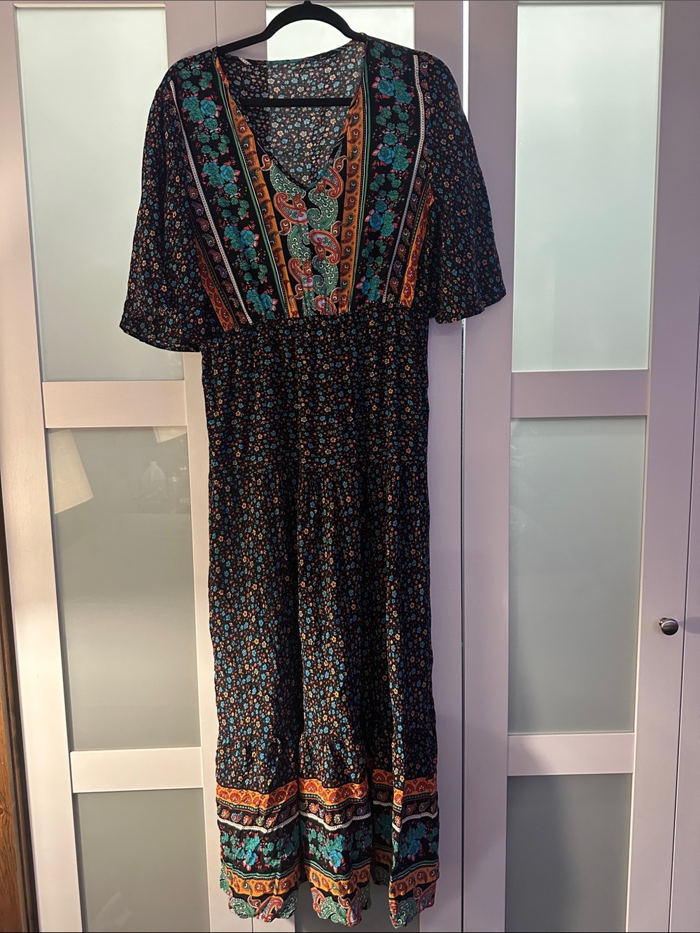 Bohemian Floral Maxi Dress in Black and Teal